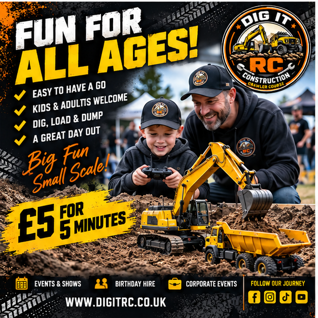 A child and adult using RC construction vehicles together
