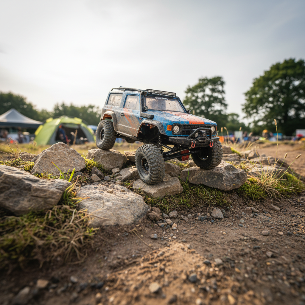 Remote control crawler tackling rocky terrain